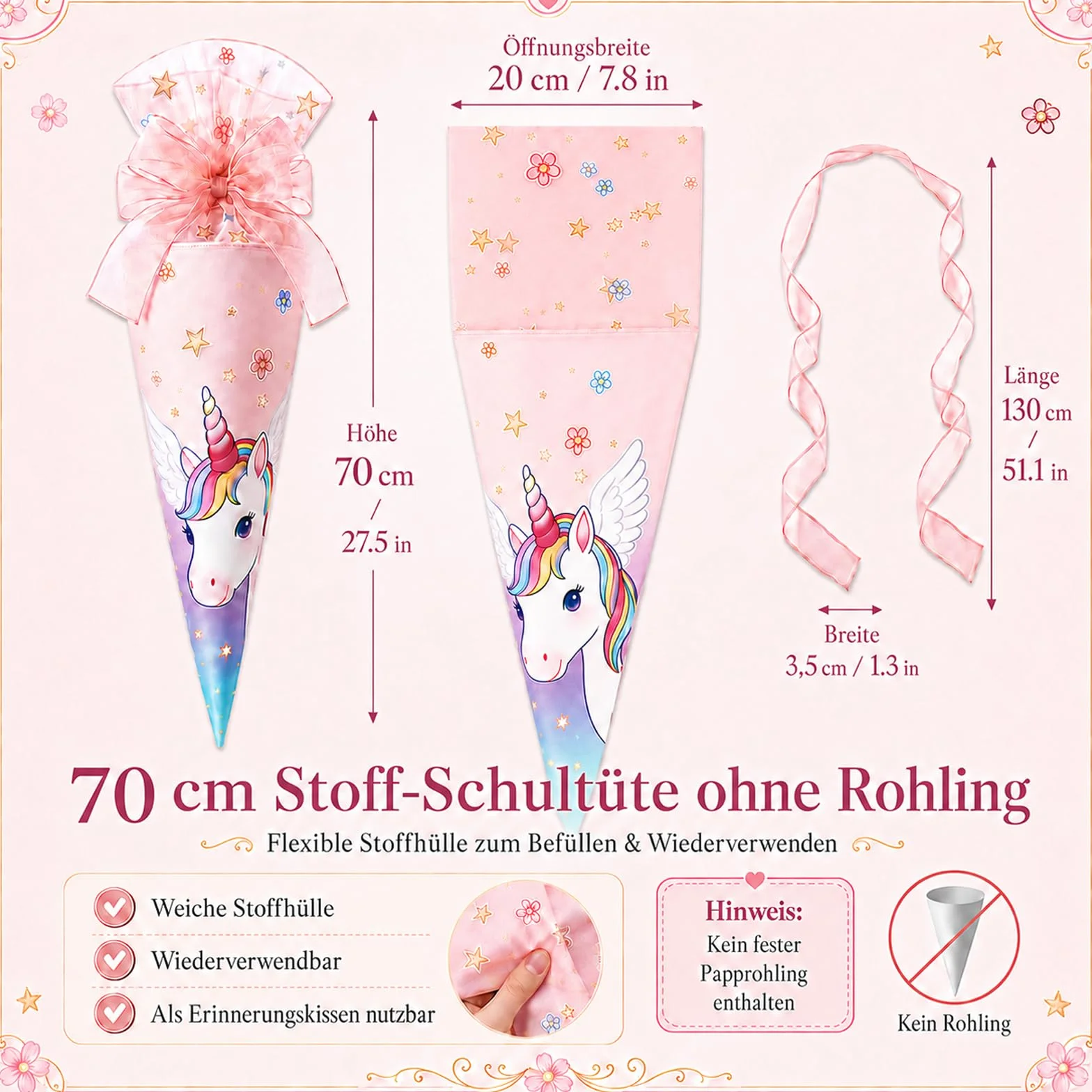 Cône d'école pour Filles 70 cm en Tissu avec Fonction Coussin