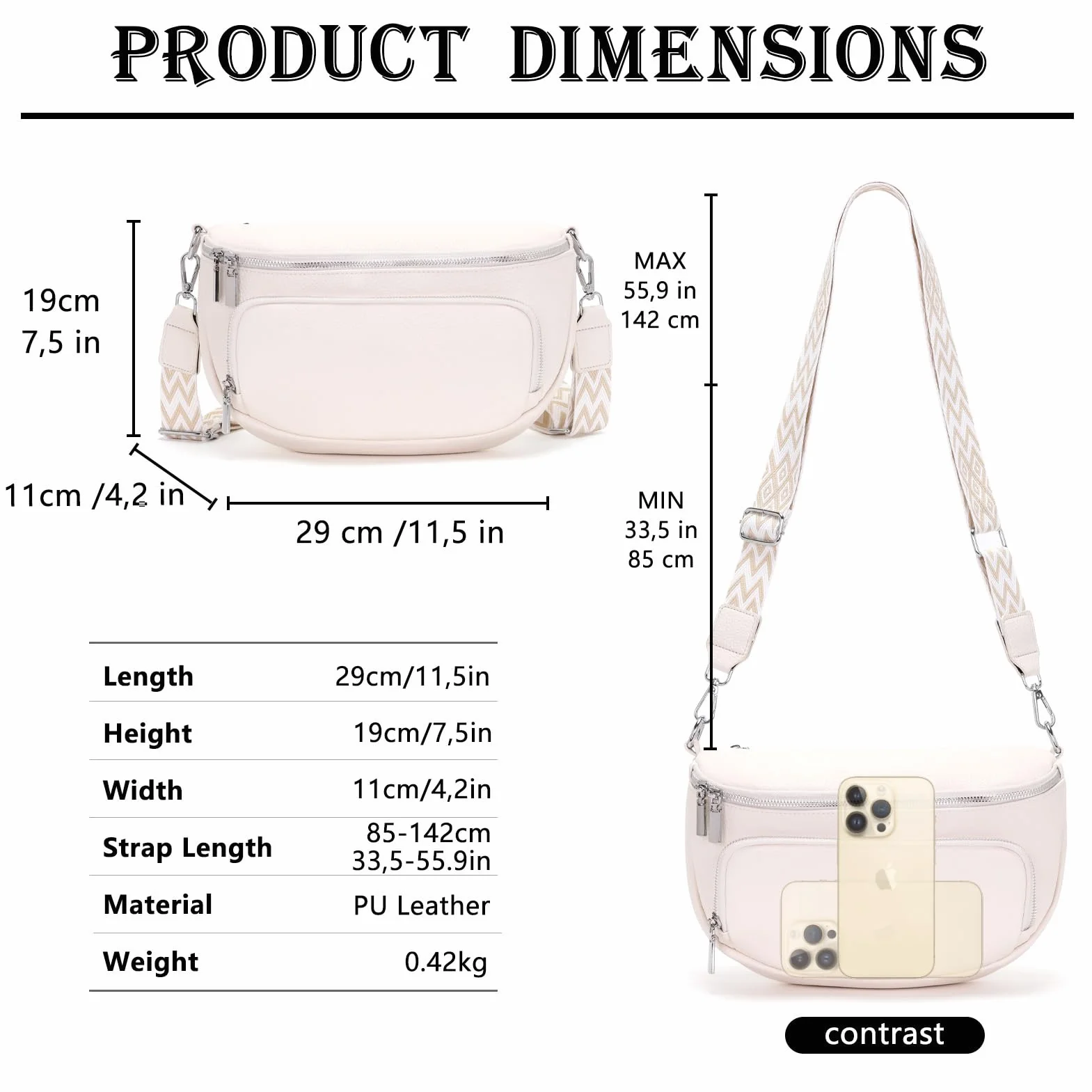 Grand sac banane femme cuir vegan sacoche bandoulière réglable poches multiples
