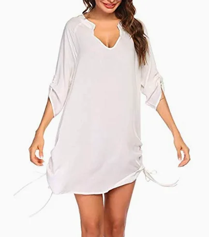 Cache-maillot de plage pour femme avec col en V et imprimé papillon, blanc, XL