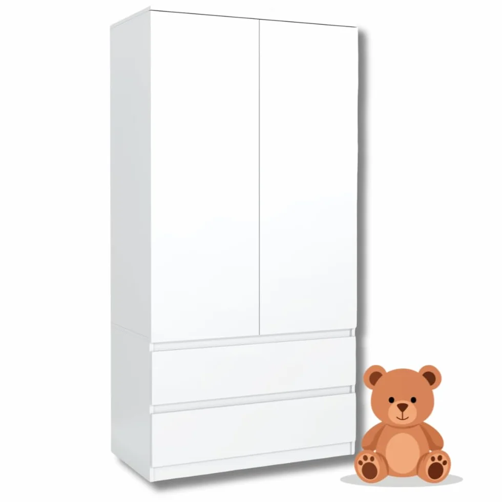 Meble Masztalerz Armoire Chambre Enfant 2 Tiroirs 90 cm Penderie Vetement Dressing Rangement Blanc 180x90x50 cm