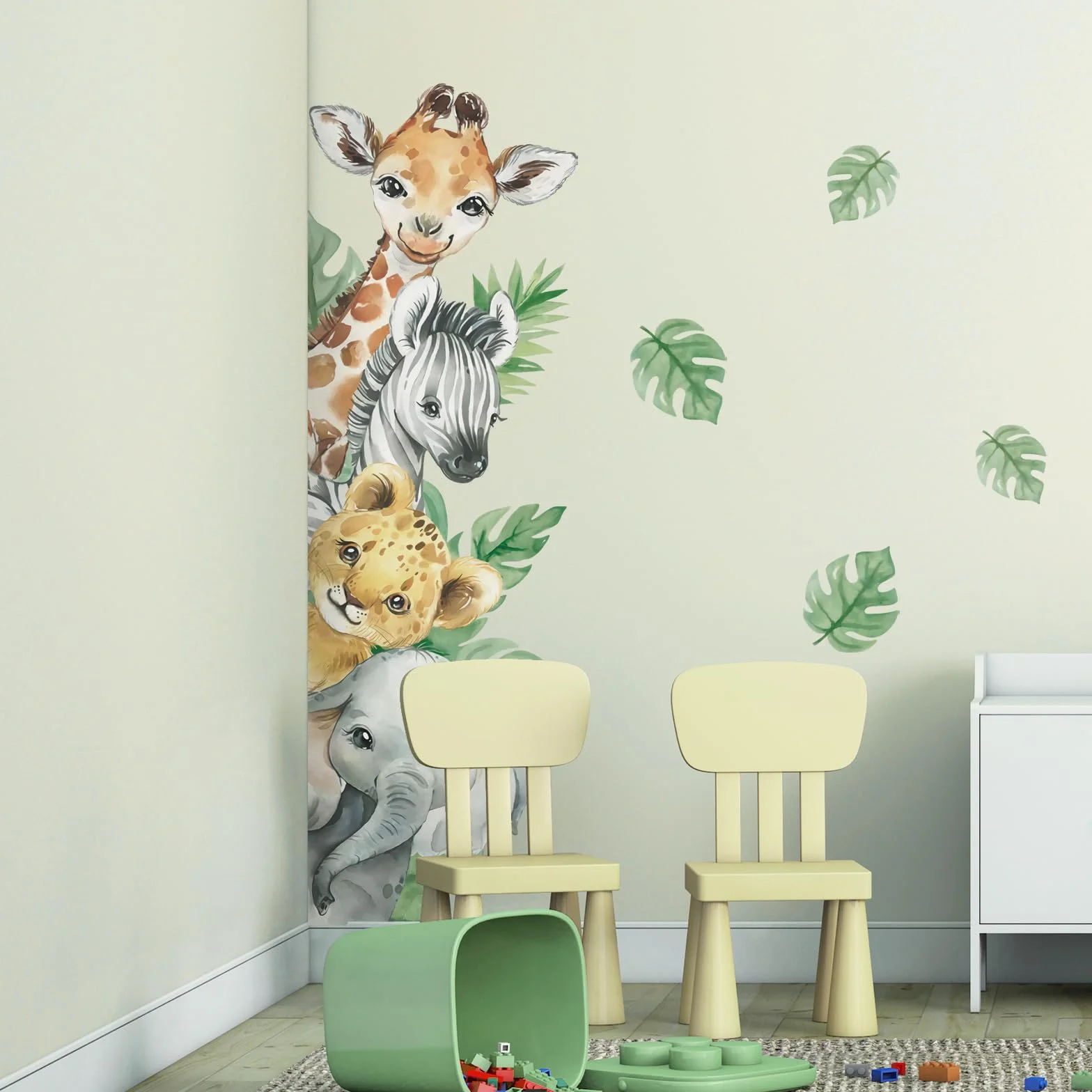 Tanlaby Stickers Muraux Animaux de la Jungle Autocollants Muraux Girafe Zèbre Feuilles Vertes pour Chambre Bébé Décoration Murale