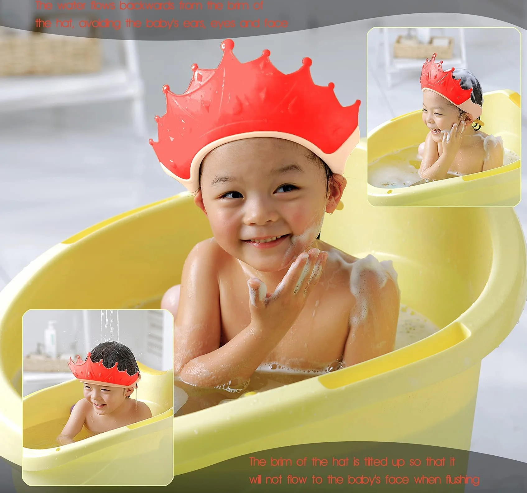 Bonnet de douche réglable enfant bébé protection shampooing lavage cheveux sans larmes 0-9 ans couronne rouge