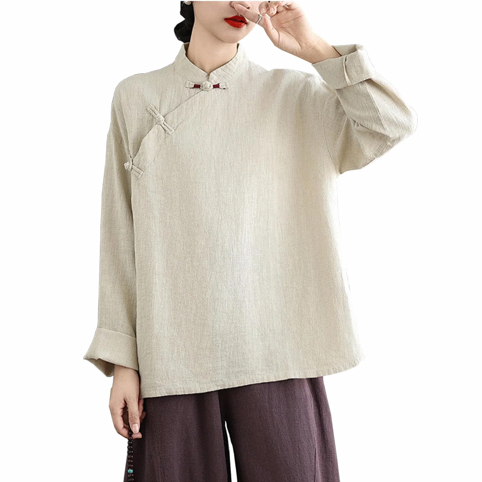 Tenue de Kung Fu Femme Coton Lin Uniforme Arts Martiaux Chinois Veste Manches Longues Pantalon Abricot