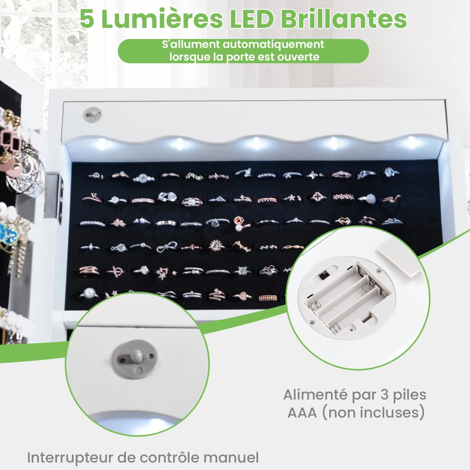 COSTWAY Armoire à Bijoux Murale LED 5 Lumières avec Miroir 6 Tiroirs 36,5 x 11,5 x 120 cm Blanc
