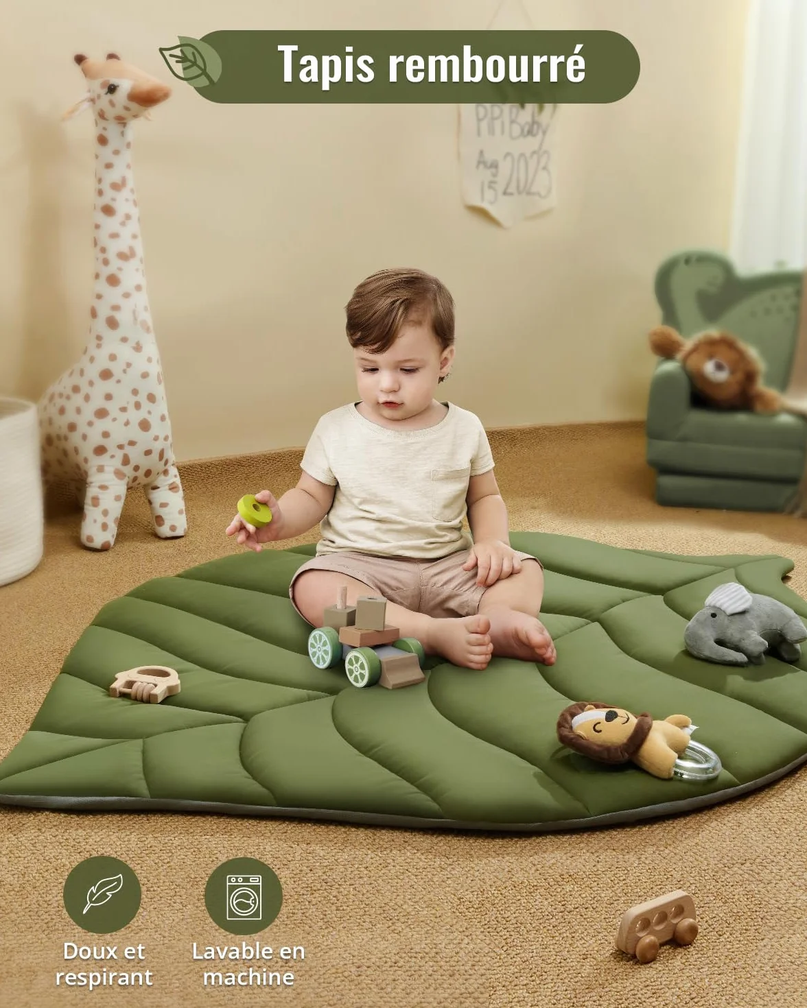 Blissful Diary Tapis d'éveil Bébé avec Arche Amovible, 6 Jouets, Développement Sensoriel et Moteur, Vert Forêt