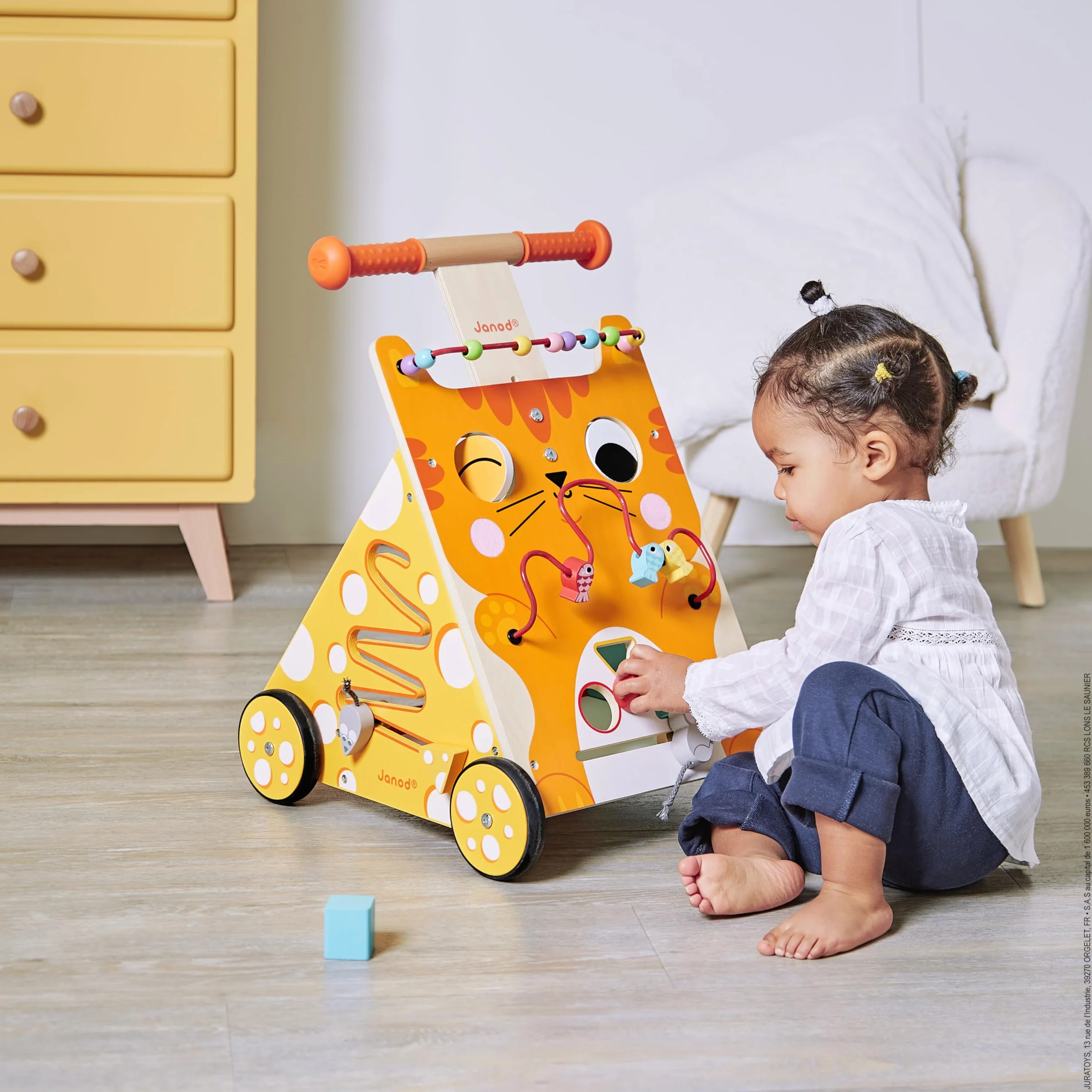 Janod Chariot Multi-Activités Chat en Bois Pousseur Évolutif avec Frein et Poignée Ajustable Multicolore