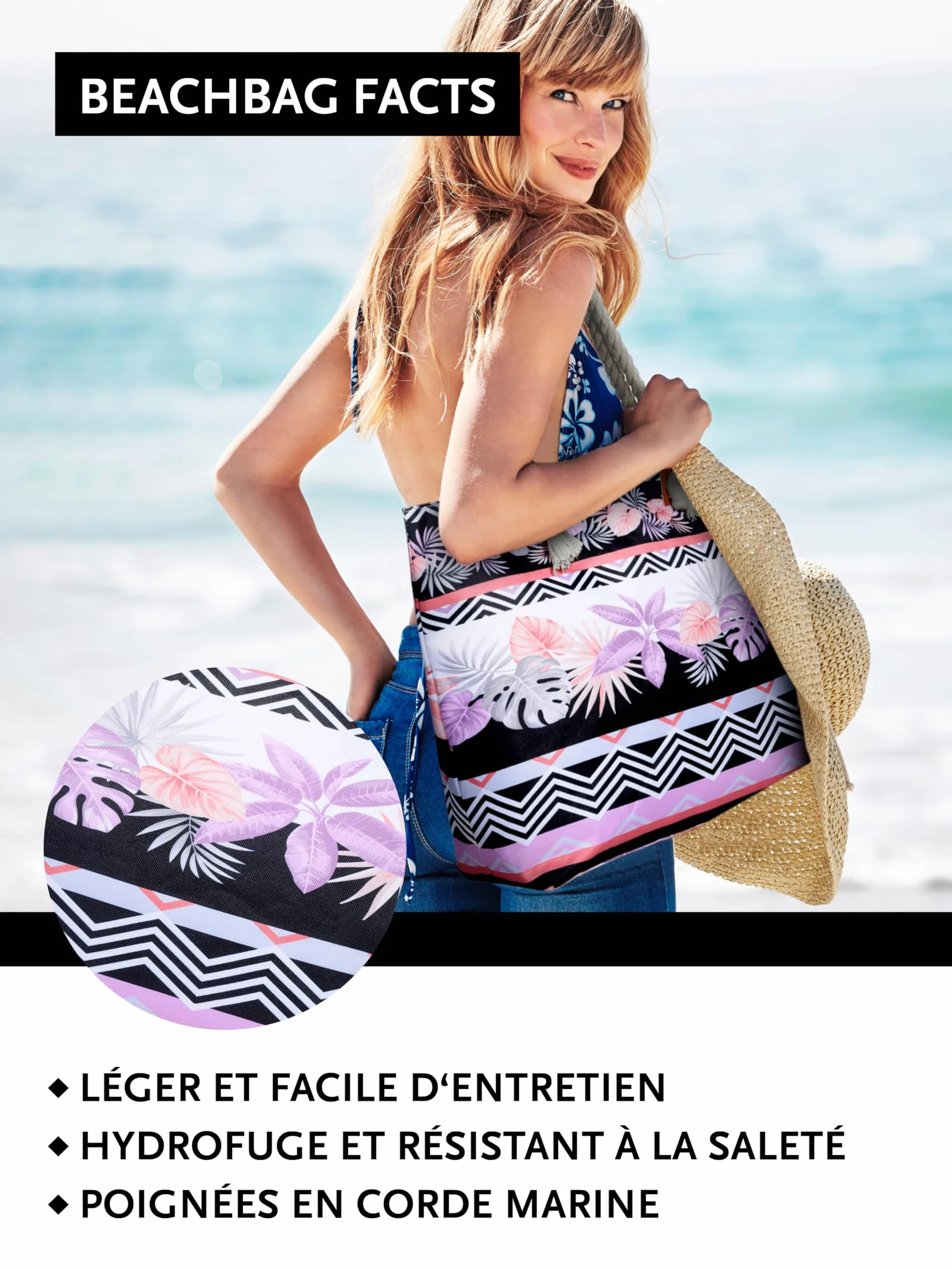 Grand Sac de Plage avec Fermeture à Glissière Sac Shopping Bandoulière