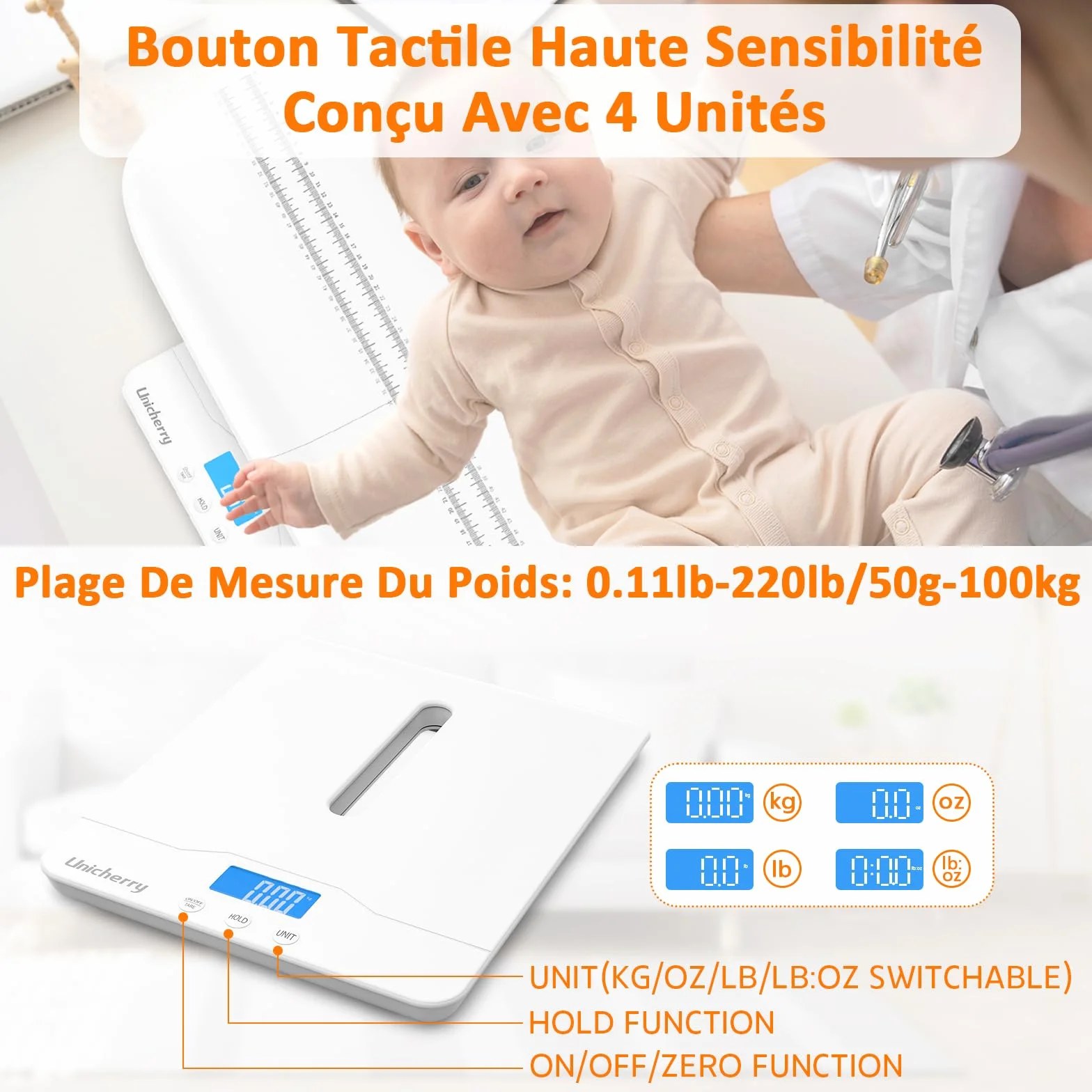 Pèse-Bébé numérique multifonctionnel avec plateau amovible, tare et maintien, 100kg