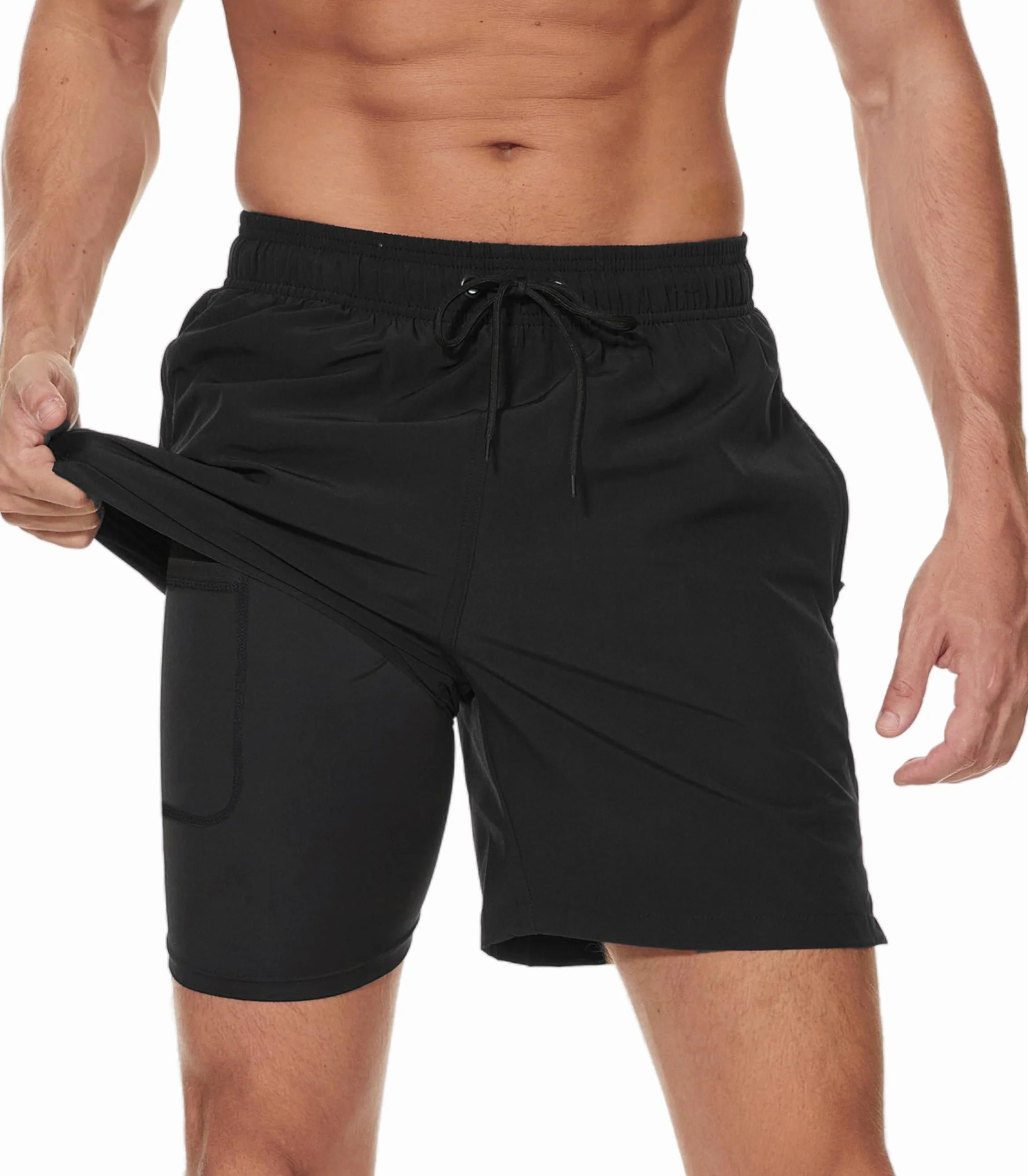 Maillot Bain Homme 2-in-1 Boxer Doublure Poches Zippées Séchage Rapide Short Plage Natation Piscine