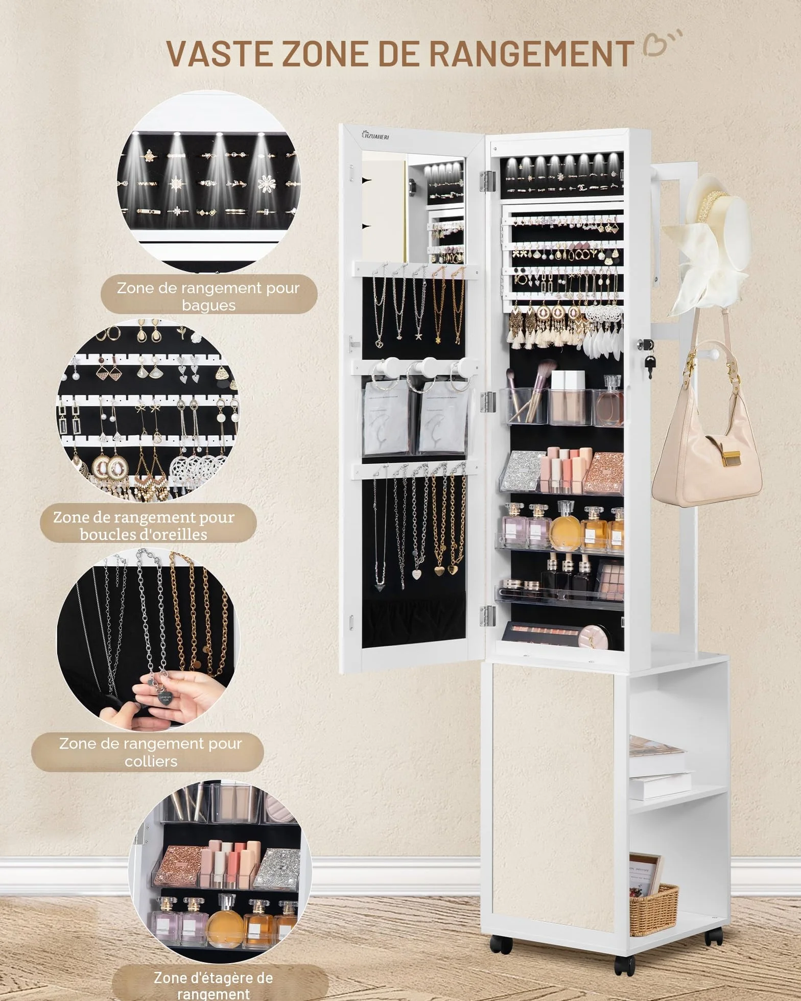 Hzuaneri Armoire à Bijoux 175cm Organisateur de Bijoux sur Pied avec Miroir Verrouillable 8 LEDs 4 Roues Blanc et Noir