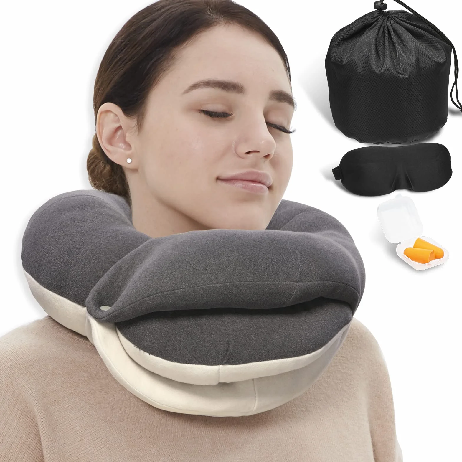 BUYUE Coussin de nuque de voyage 360° pour avion avec masque 3D, bouchons d'oreilles et sac