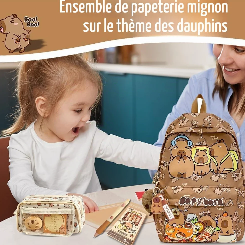 Capybara Schoolbag Cartoon Sac à Dos Scolaire Grande Capacité Kawaii with Federmäppchen, Porte-Clés & Pen Set
