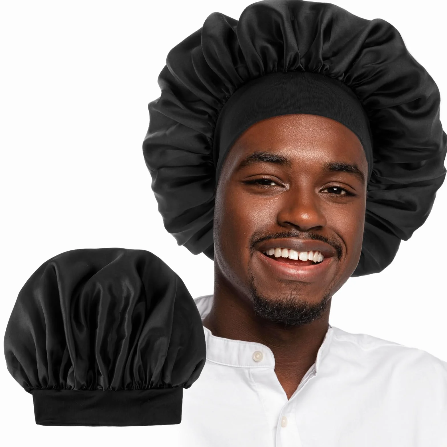 Bonnet en soie double couche élastique noir réglable pour homme femme