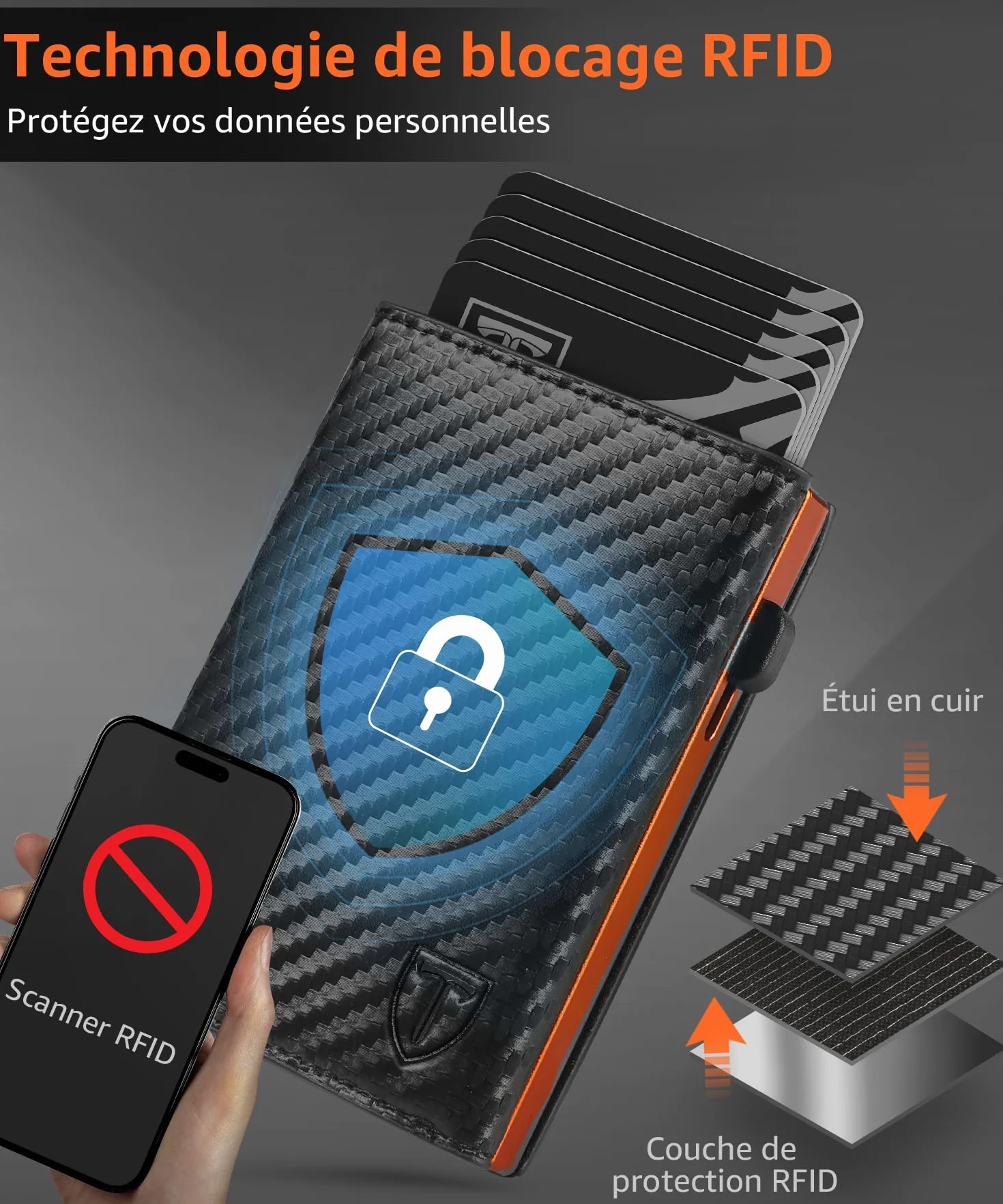 TEEHON Portefeuille Homme Fibre de Carbone Magnétique Porte Carte RFID Blocage Compartiment Billets Monnaie Noir Orange