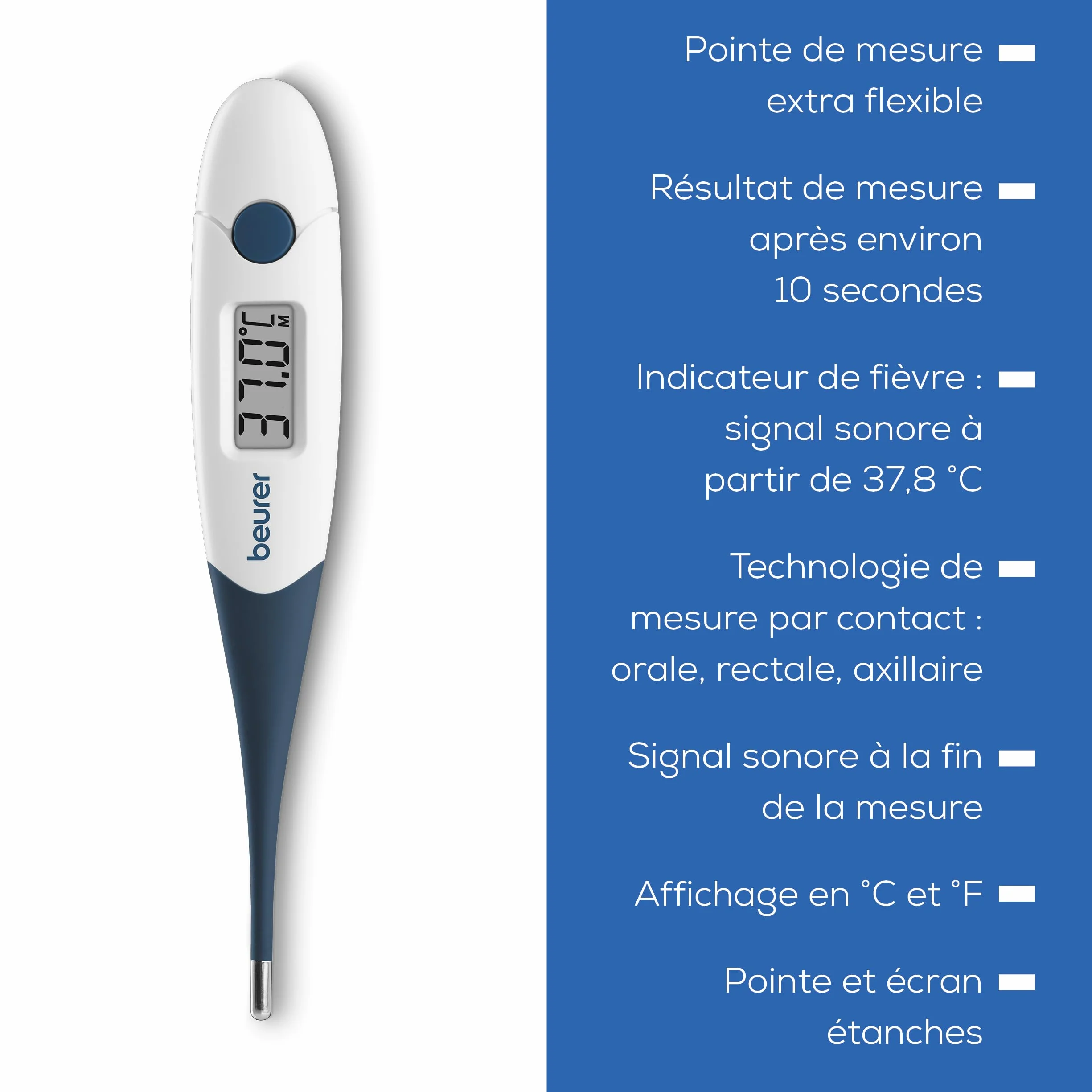 Beurer FT 17 Thermomètre clinique numérique, pointe flexible, mesure orale rectale axillaire, 10 s, indicateur fièvre