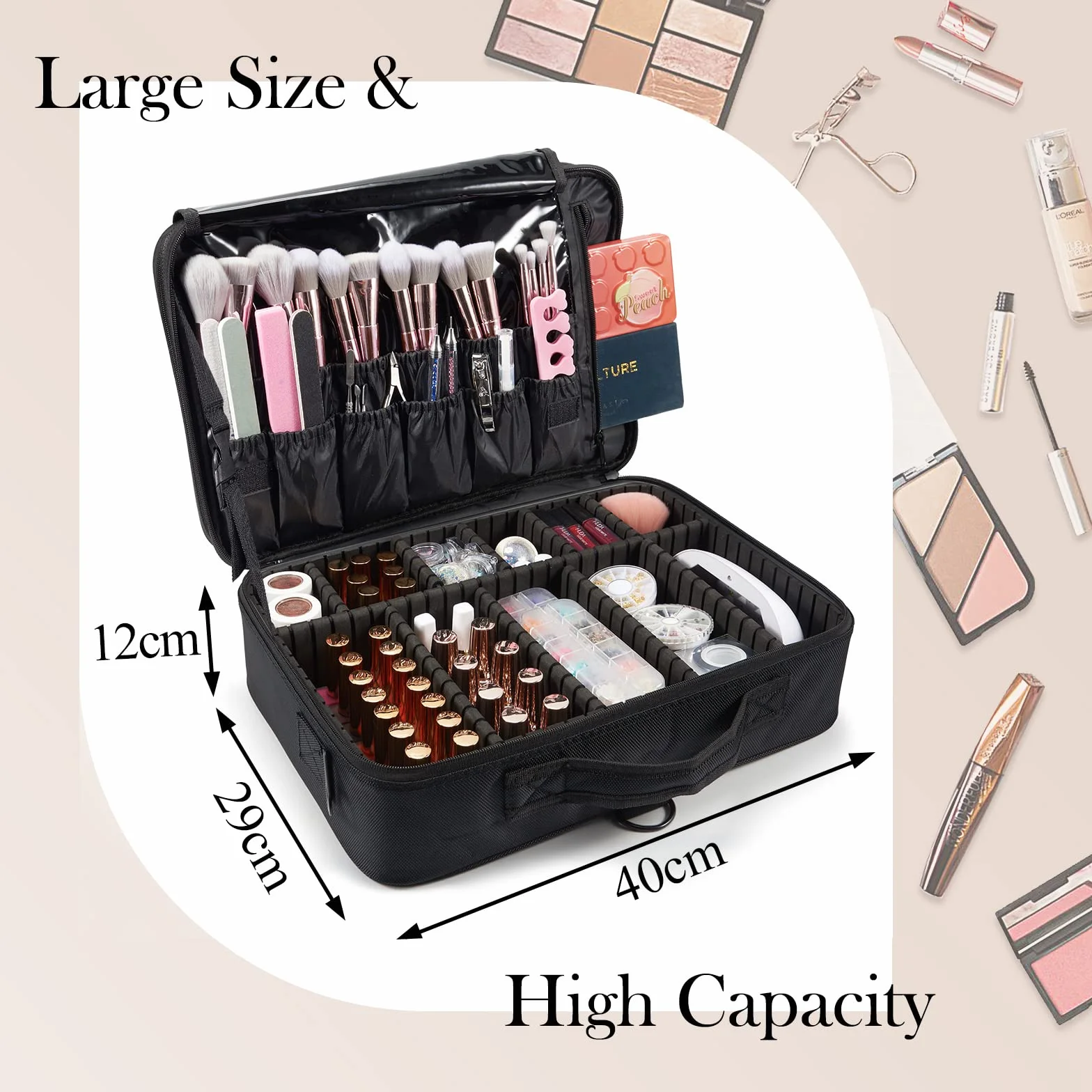 Joligrace Trousse de Maquillage Grande Sac Voyage Oxford Tissu Mallette à Ongles 2 Couches Bandoulière Noir