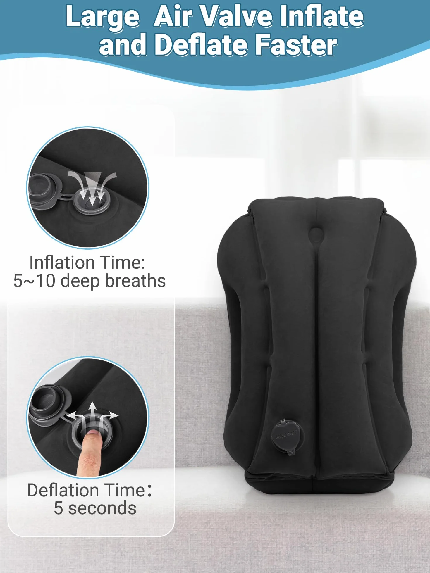 Oreiller de Voyage Gonflable Maliton avec Support d'appui-tête, Coussin Pliable pour Avion, Train, Maison ou Bureau - Noir