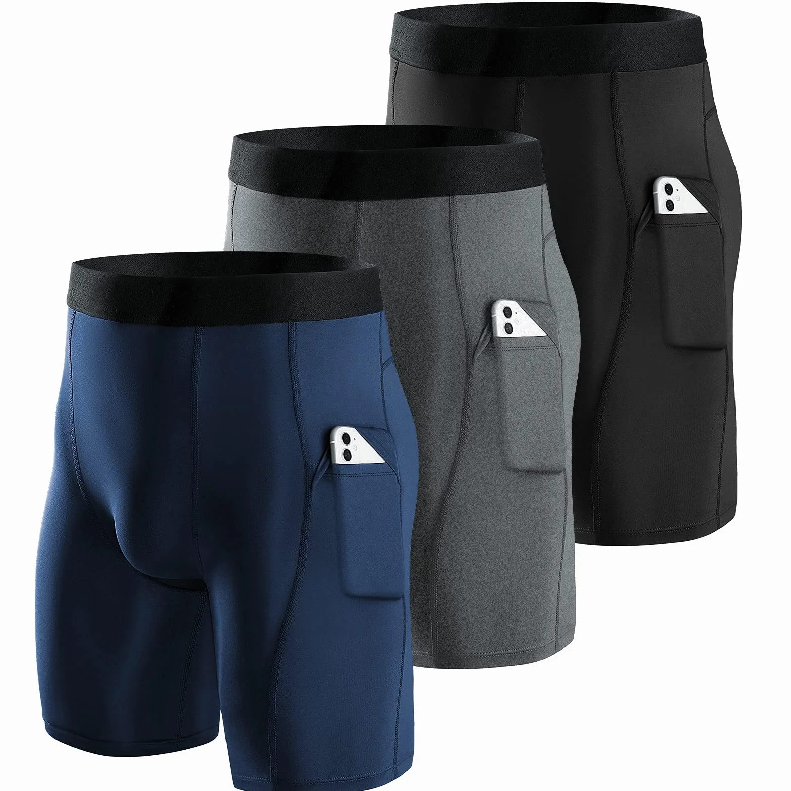 Niksa Lot de 3 Shorts de Compression pour Hommes à Séchage Rapide avec Poches