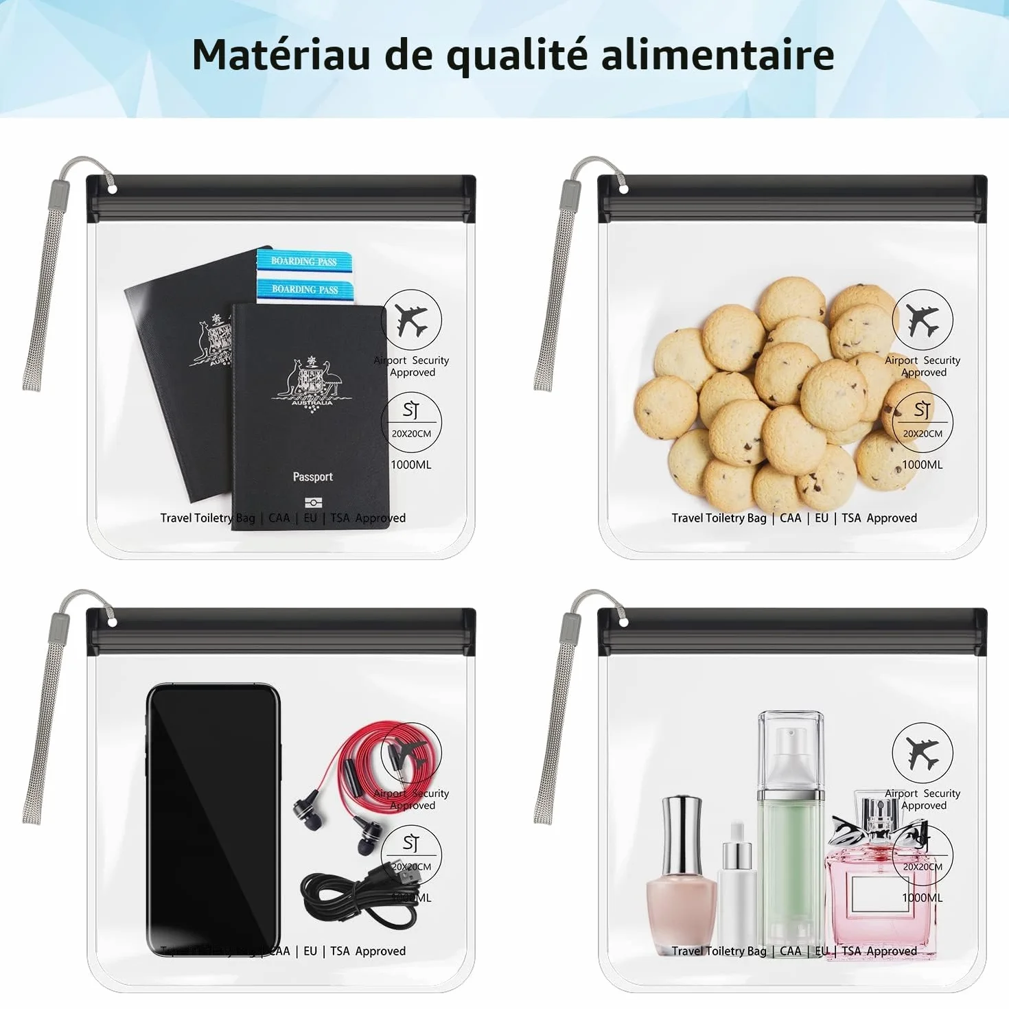 Lot de 2 Trousses de Toilette Transparentes pour Voyage Avion TSA 20 x 20 cm Sac Cabine