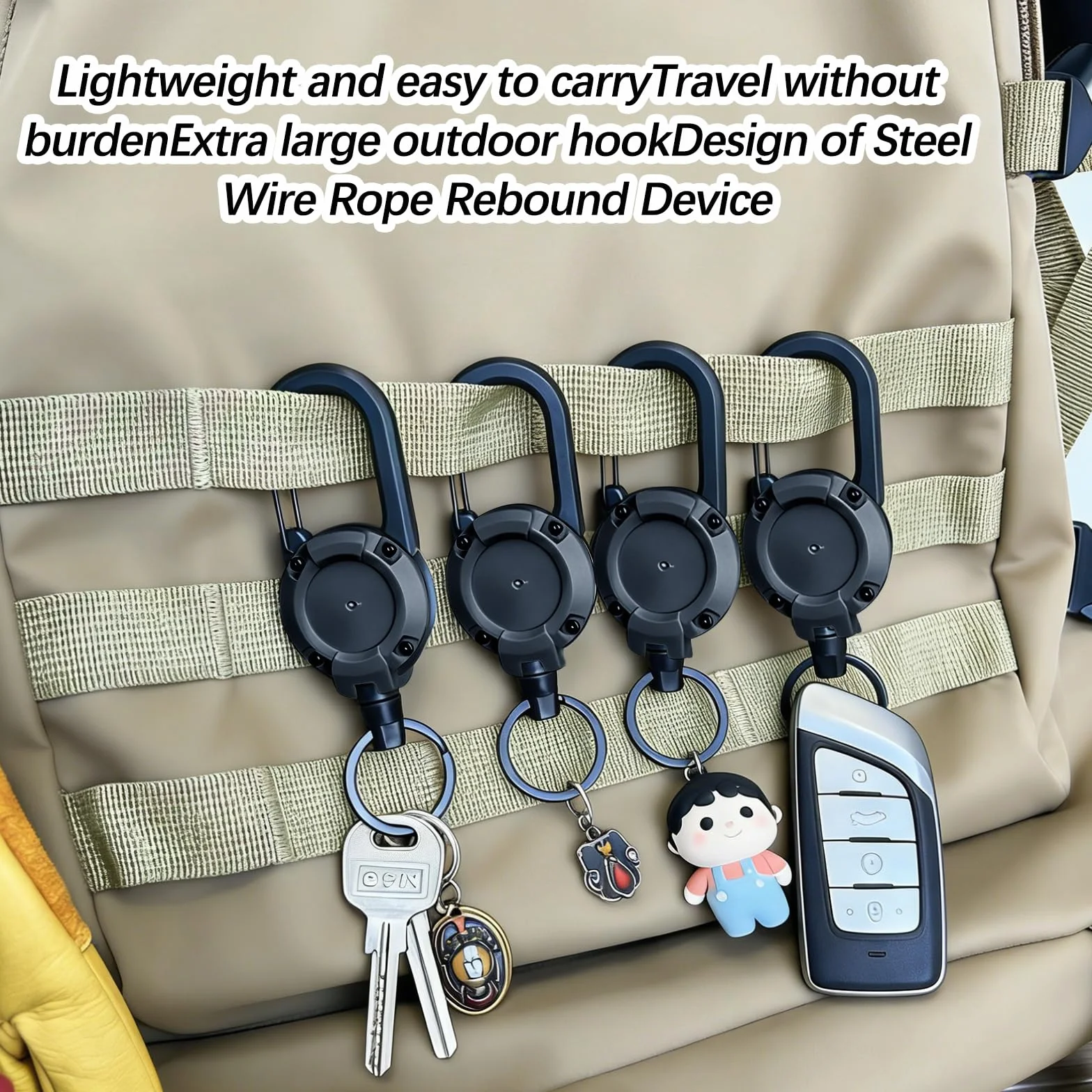 Lot de 4 porte-clés rétractables extensibles avec cordon en acier 60 cm, mousqueton robuste pour porte-badge