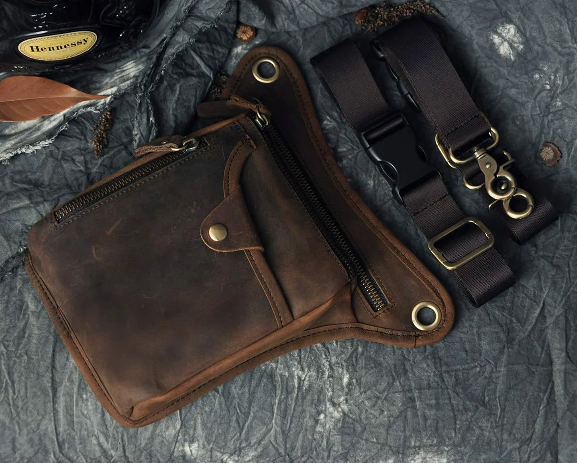 Le'aokuu Sac pour Jambes Moto en Cuir Véritable Bandoulière de Cuisse Marron Foncé