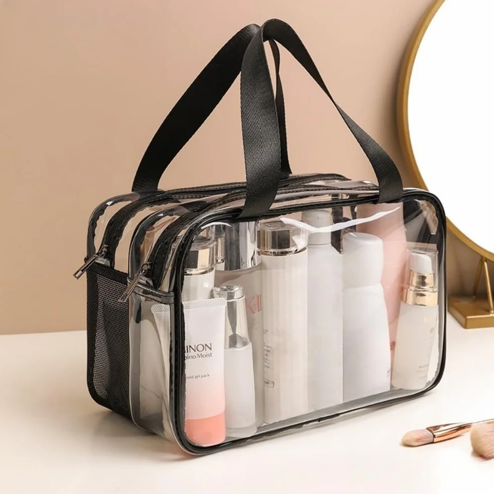 Aucuu Trousse de Toilette Voyage PVC Grande Capacité Double Couche Transparente avec Poignée Sac Cosmétiques