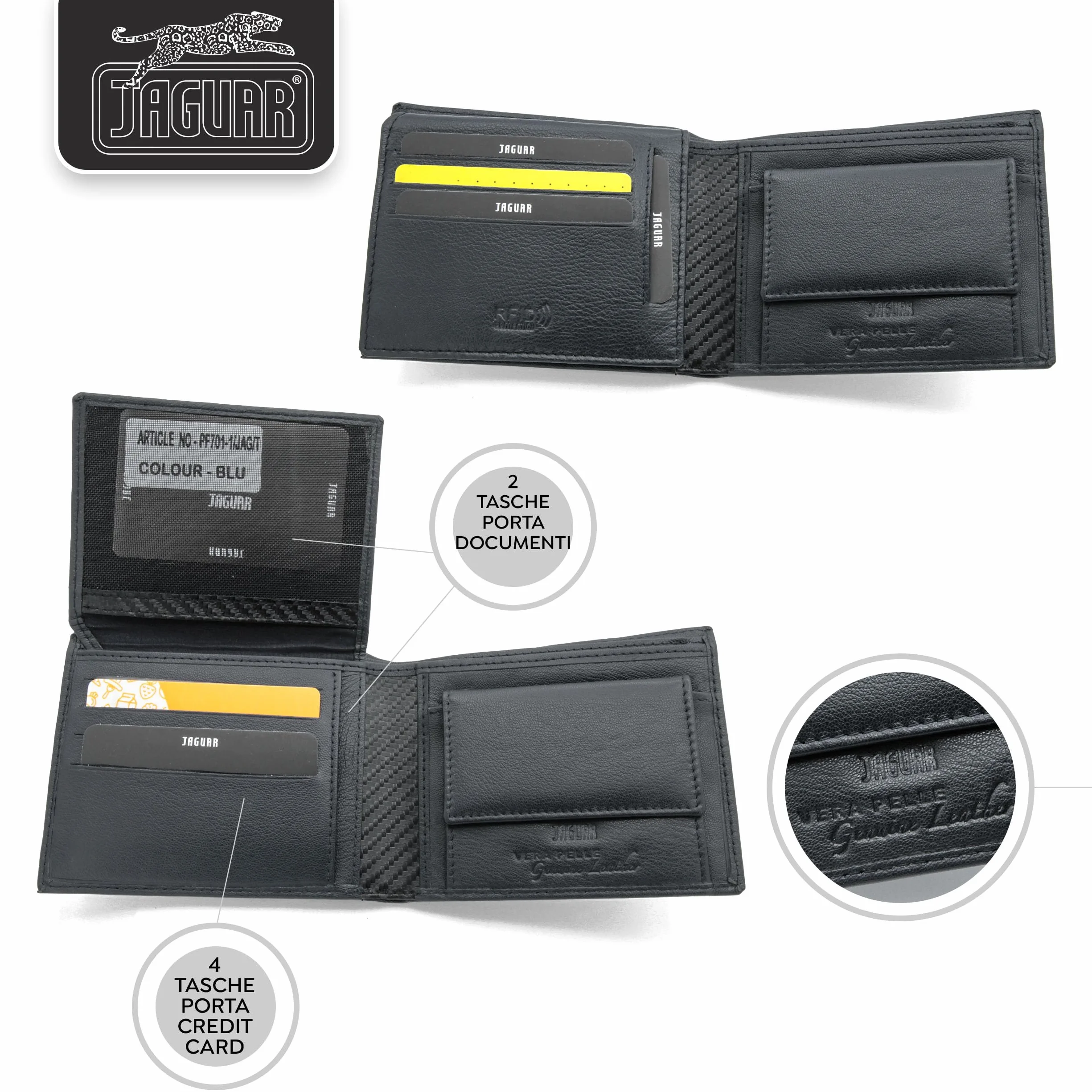 JAGUAR Portefeuille Homme Cuir Noir avec Fentes pour Cartes, Léger 75 g