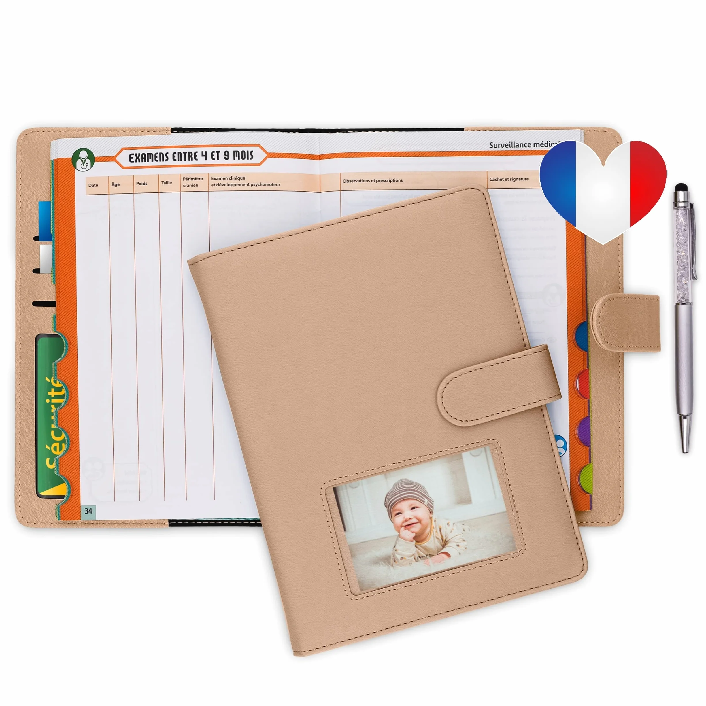 Carnet de santé bébé personnalisé avec stylo, pochette ordonnance et carte vitale, coffret cadeau naissance