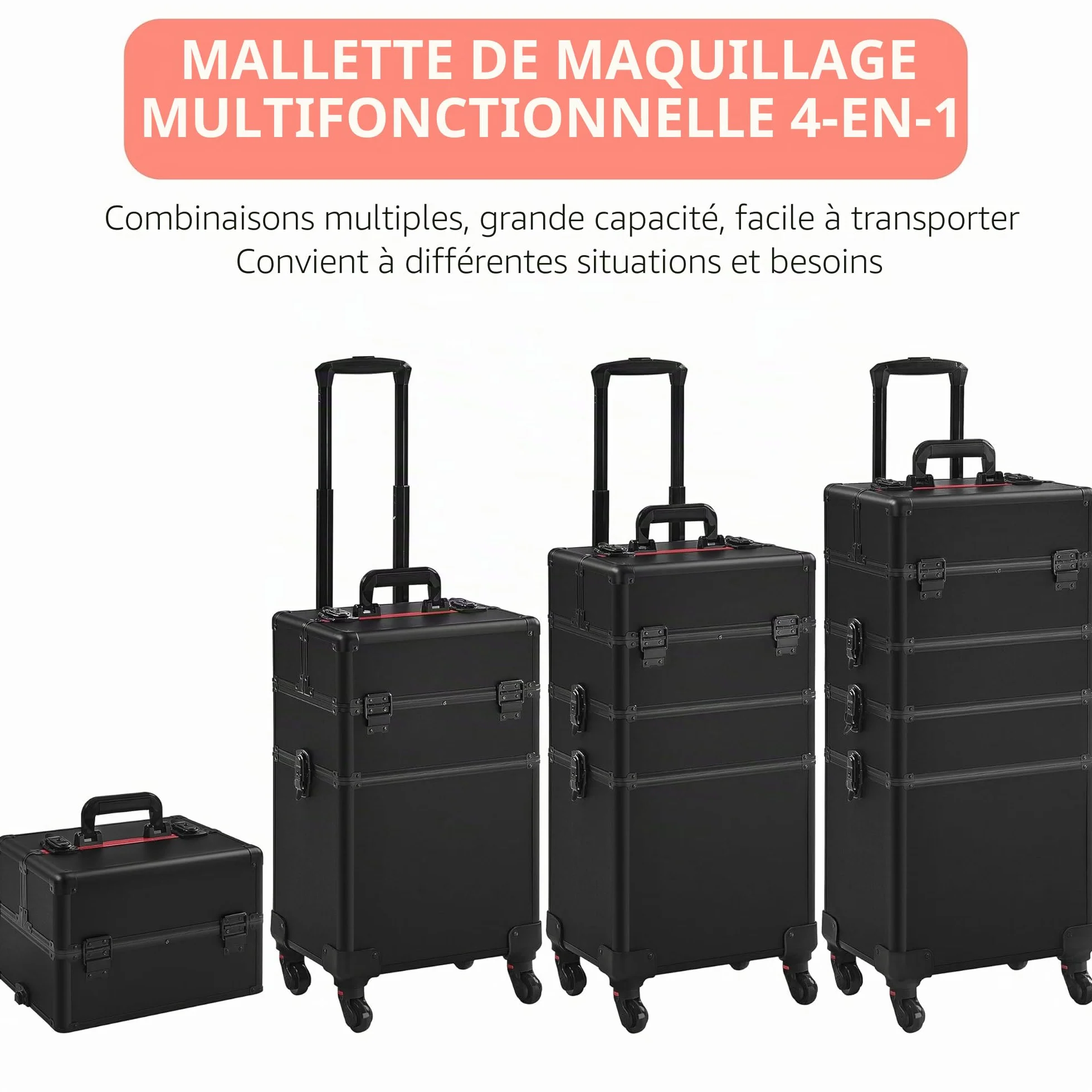 Yaheetech Valise Maquillage à roulettes 4 en 1 Cadre Aluminium Professionnelle Noir