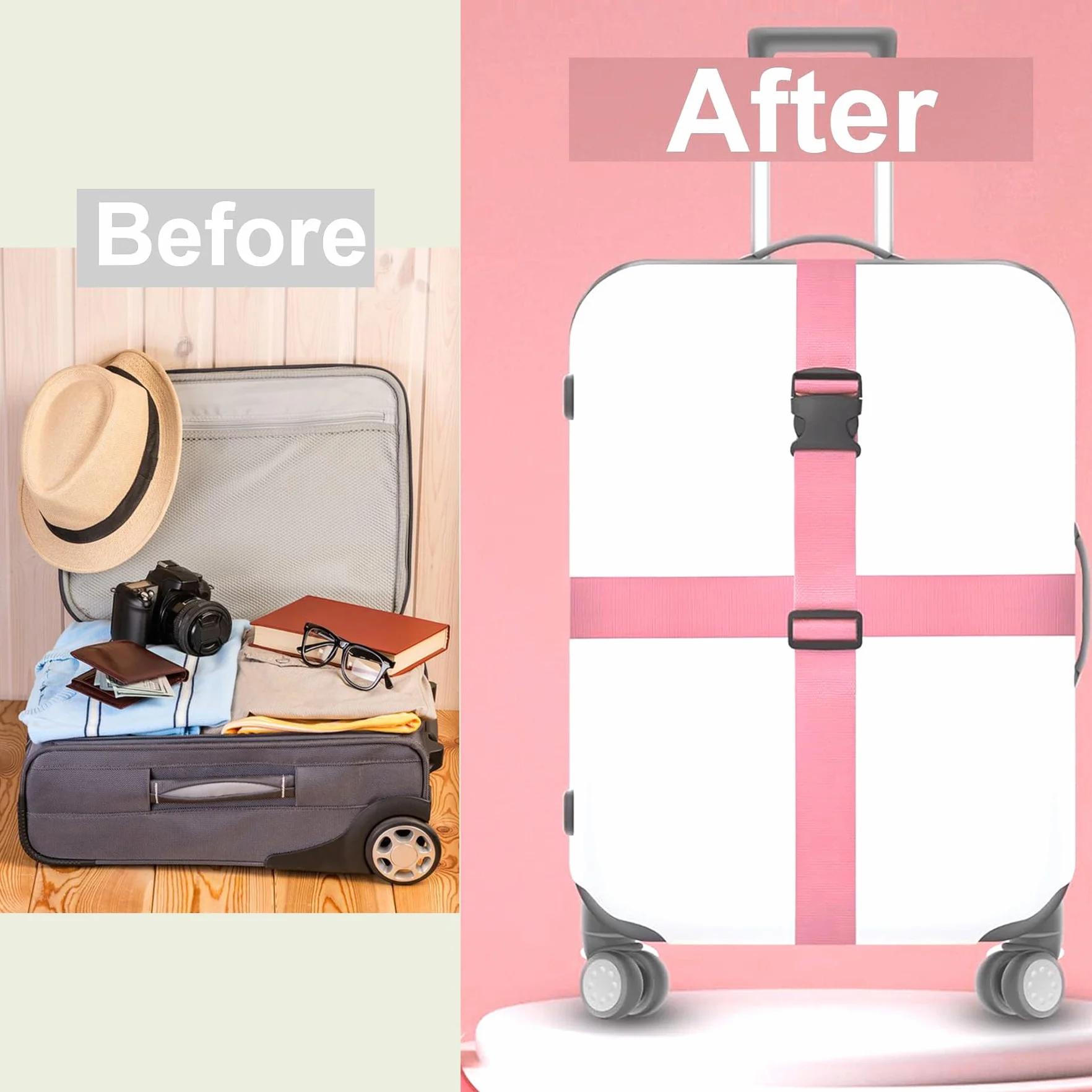 Sangles de Bagage Réglables avec Boucle Ceinture Élastique Valise Croisée Voyage Lanière 2 Pièces (Rose)