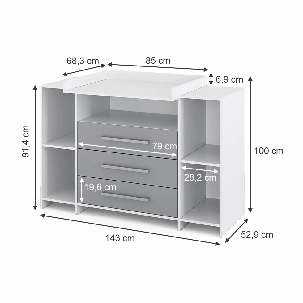 Vicco Commode à Langer Oskar 143x100cm XL Blanc/Gris avec Tiroirs Table à Langer Rangement Extensible