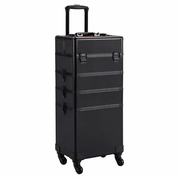 Valise Maquillage Professionnelle 4 en 1 à roulettes, Pivotante 360°, Noir