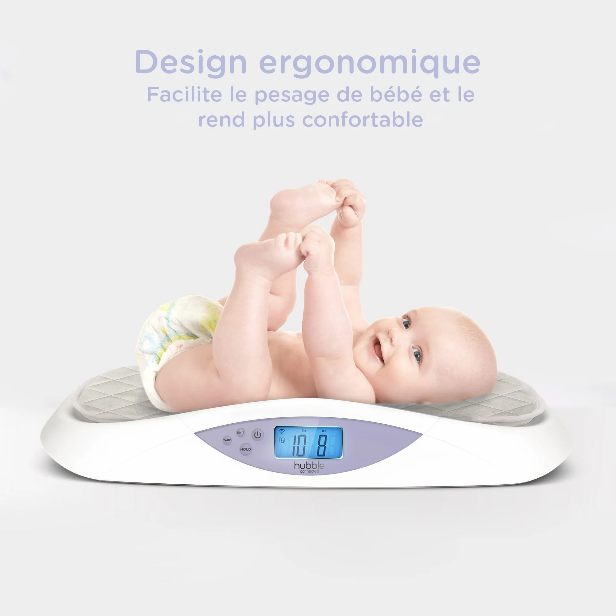 Hubble Connected Grow Pèse-bébé Bluetooth intelligent avec écran LCD, suivi du poids, matelas à langer doux, technologie 4 capteurs
