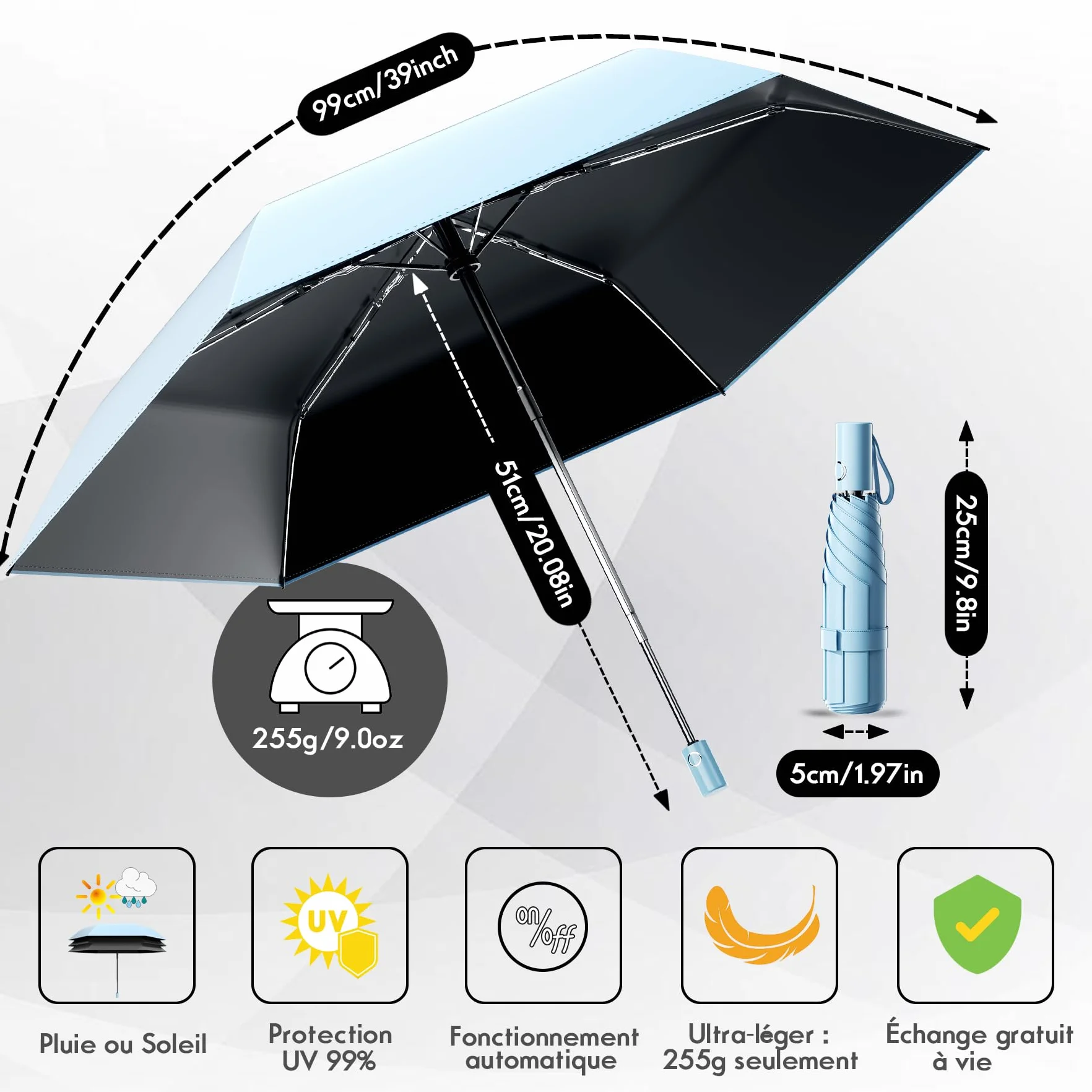 Mini parapluie de voyage pliable coupe-vent automatique Protection UV petit compact léger