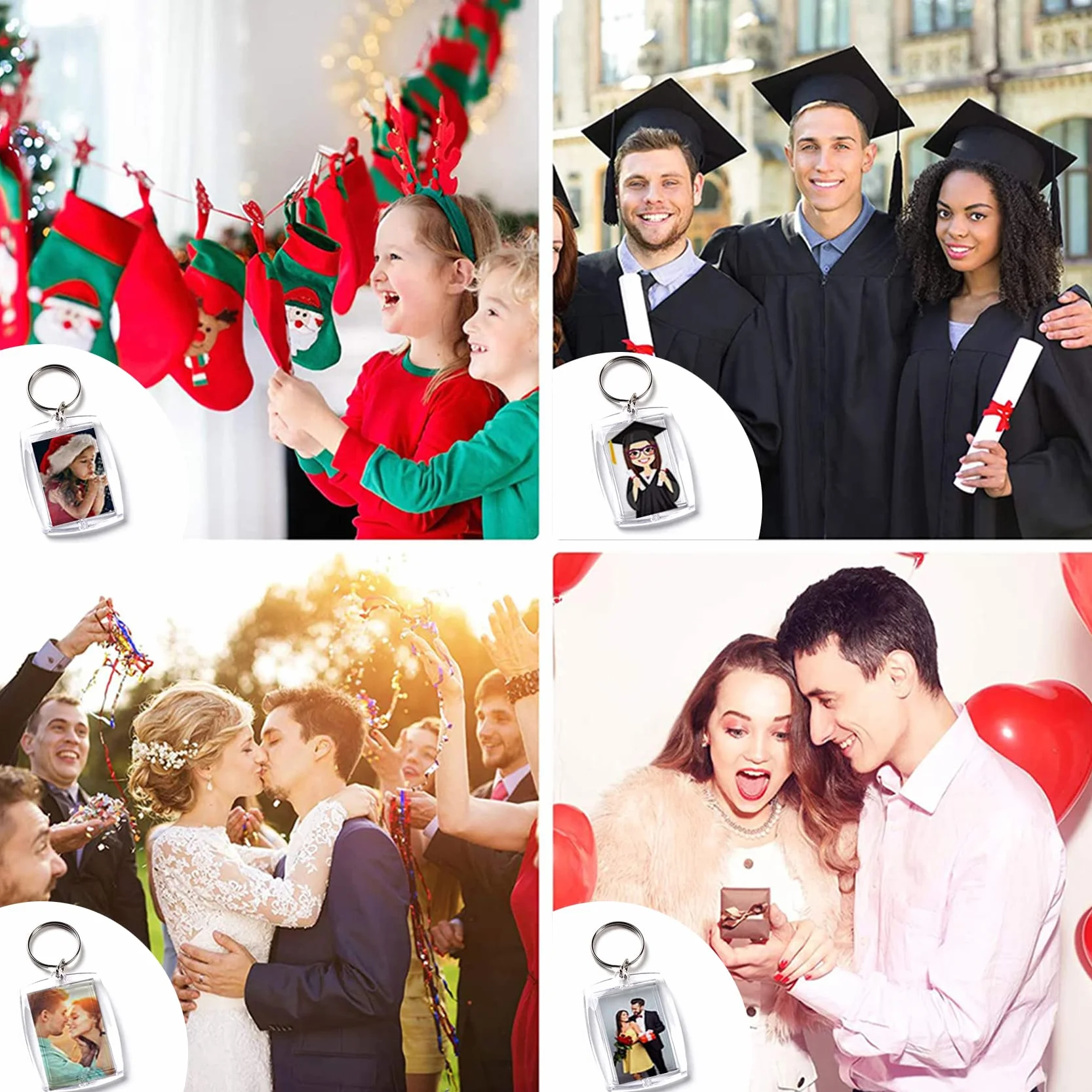 Porte-Clés Photo en Acrylique 4 Pièces, Porte Clés Cadres Transparents avec Anneau Brisé