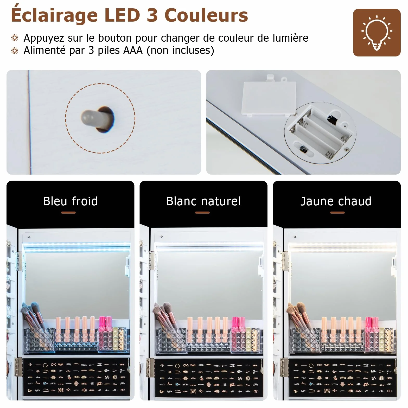 RELAX4LIF Armoire à Bijoux Roulettes 360º Miroir Pleine Longueur LED 5 Étagères Réglables Blanc