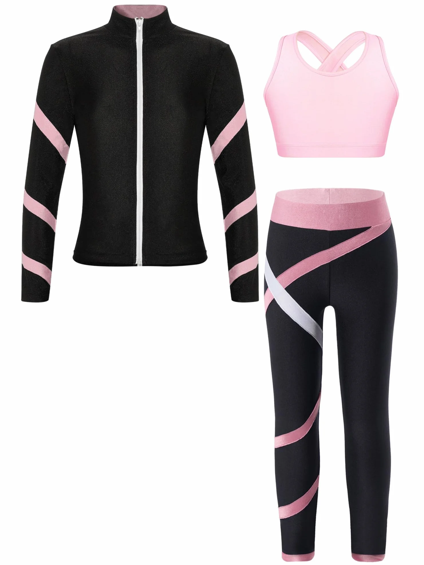 YiZYiF 3pcs Tenues Patinage Artistique Survêtement Sport Manches Longues Veste Col Haut Débardeur Pantalon Justaucorps Gymnastique Fille 5-16 Ans
