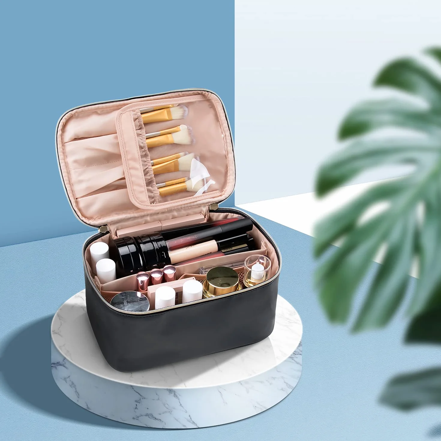 Trousse de maquillage pour femme grande voyage avec poignée et séparateur