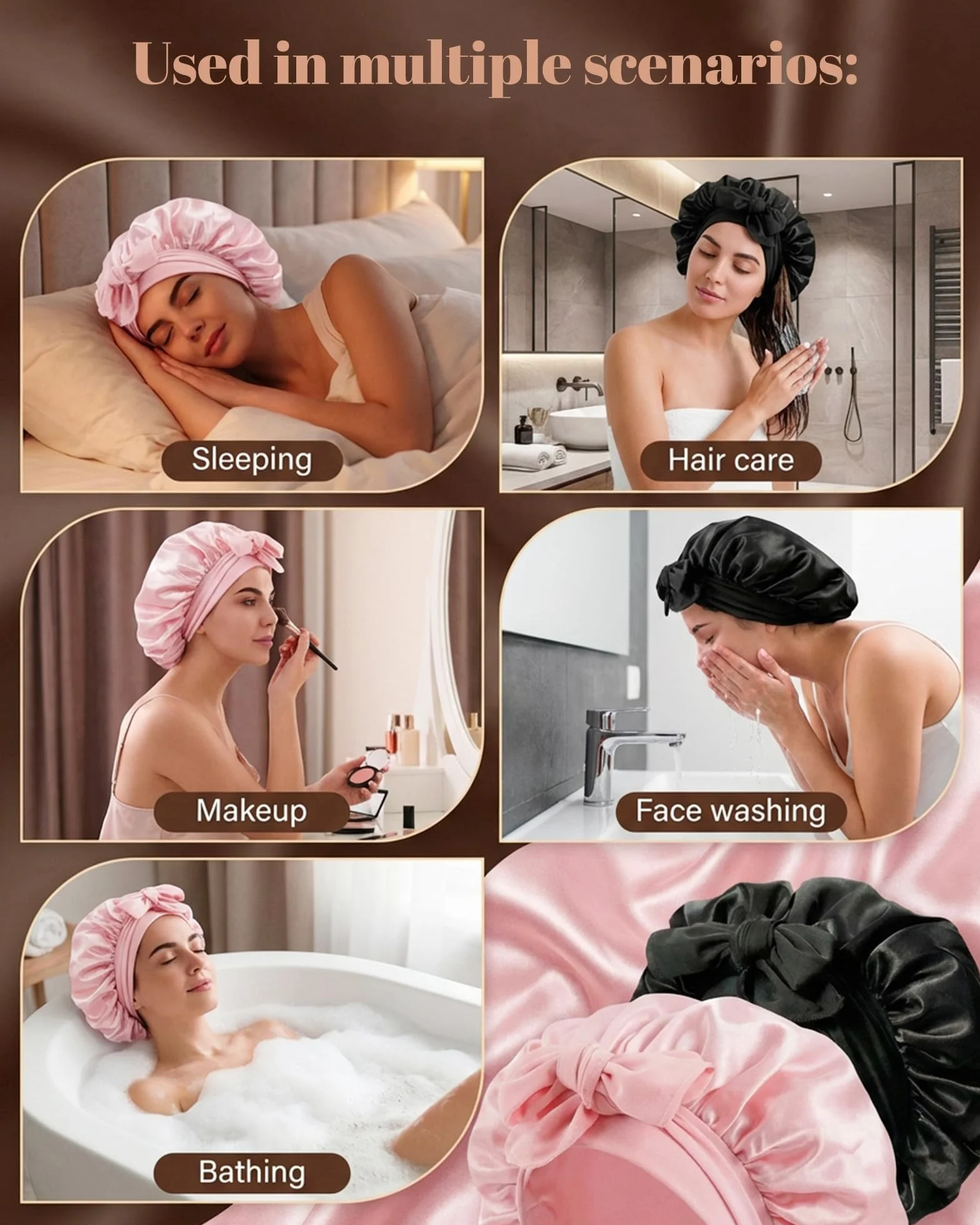 Lot de 2 Bonnet Satin Cheveux Nuit pour Femmes Cheveux Longs Bouclés Doux Respirant