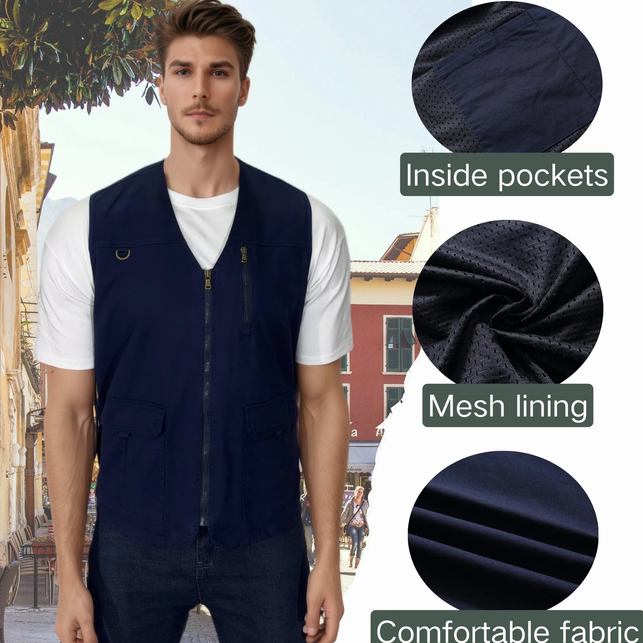 Gilet de Pêche Homme Plein air Sport Sans Manche Veste Léger Respirant Multi-Poche