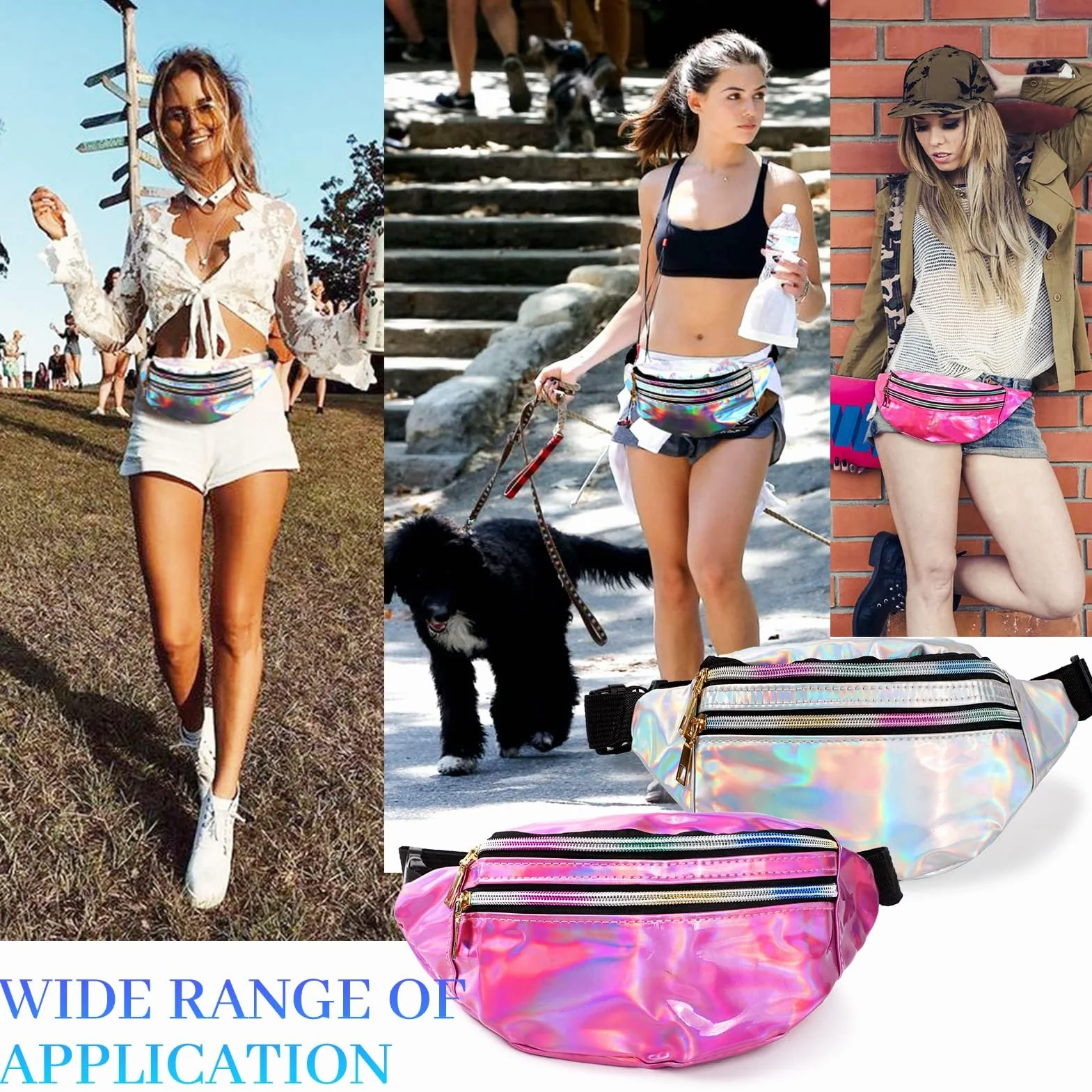JunD Sac Banane Femme Cuir PU Holographique Années 80 90 pour Festivals Randonnée Course à Pied 2 Pack Argent Rose