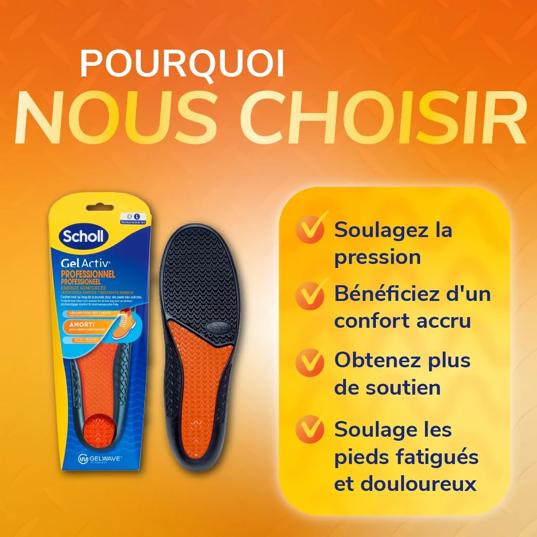 Scholl Semelles GelActiv Professionnel Chaussures de travail Hommes GelWave Absorption des chocs Amorti renforcé Taille 40-46,5