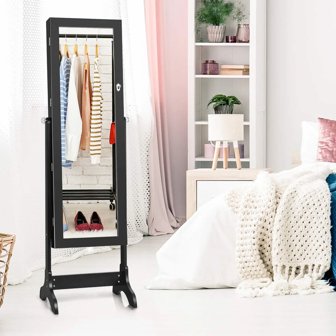 COSTWAY Armoire à Bijoux sur Pied avec Miroir Pivotante 4 Niveaux 8 Étagères Rangement Bijoux Noir