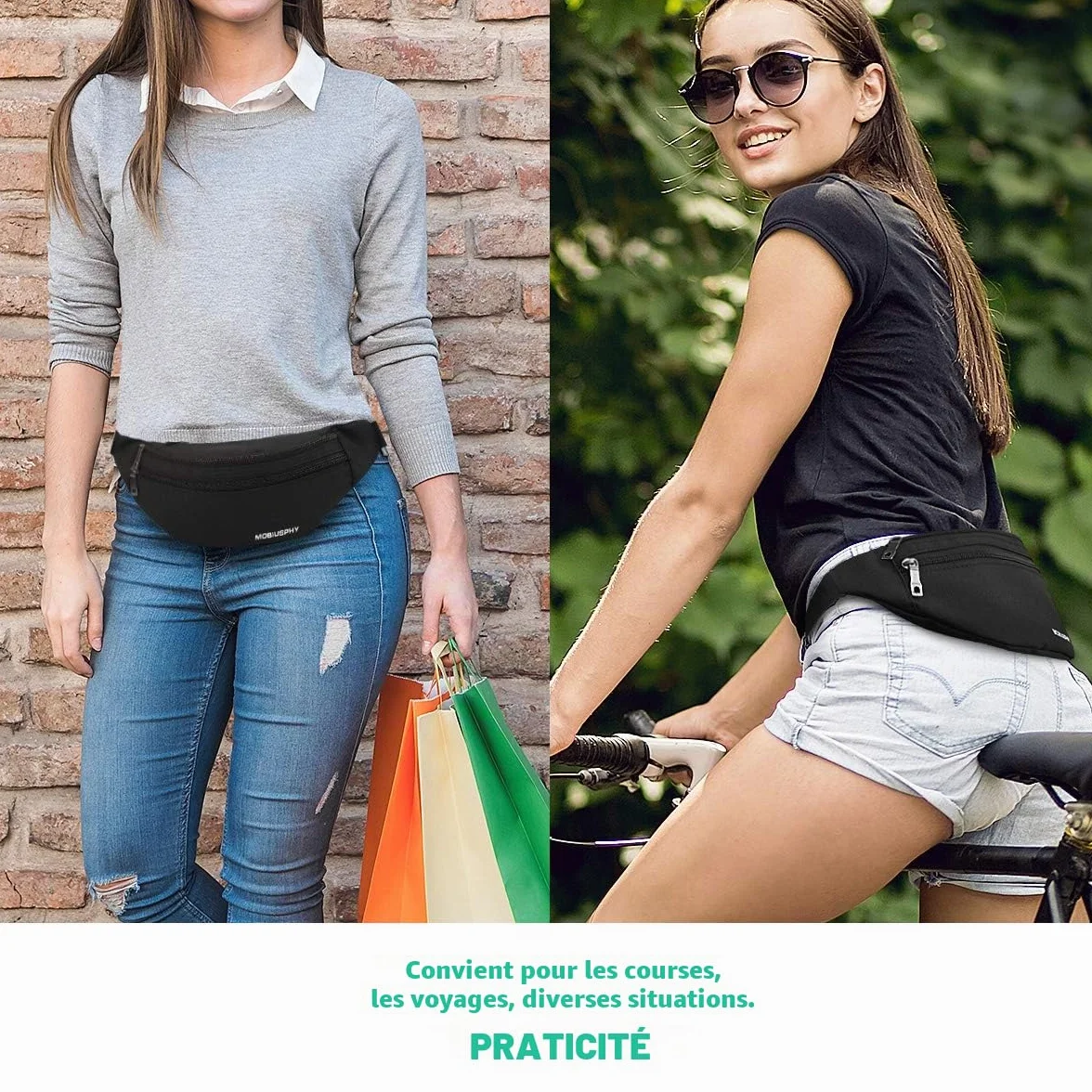 Sac à la Taille Ceinture de Course Homme Femme Sacoche Banane Etanche Réglable Cyclisme Gym Jogging Noir