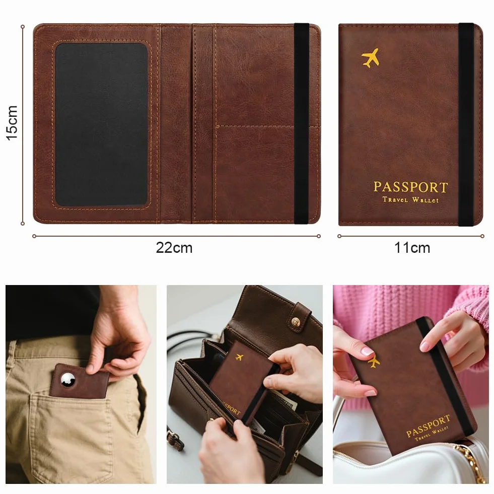 Porte-Passeport Anti-RFID en Cuir PU Marron pour Documents de Voyage et Airtag