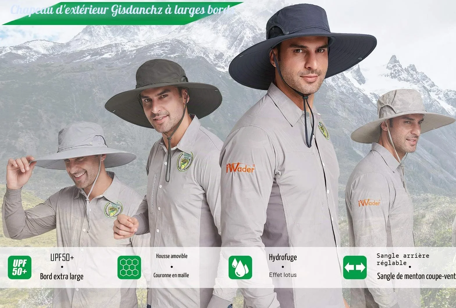 Chapeau Soleil Homme Anti UV UPF50+ Lare Bord Ete Mesh Respirant