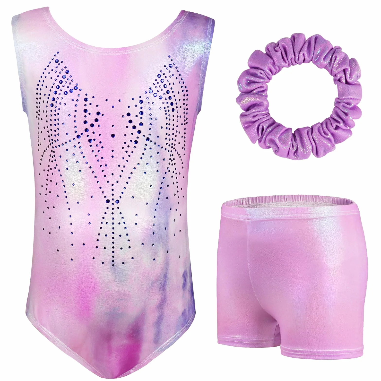 AOOWU Ensemble Gymnastique 3PCS Justaucorps Enfant Brillant Dégradé avec Short Bandeau Costume Patinage Artistique Danse Ballet Fille 5-8 Ans