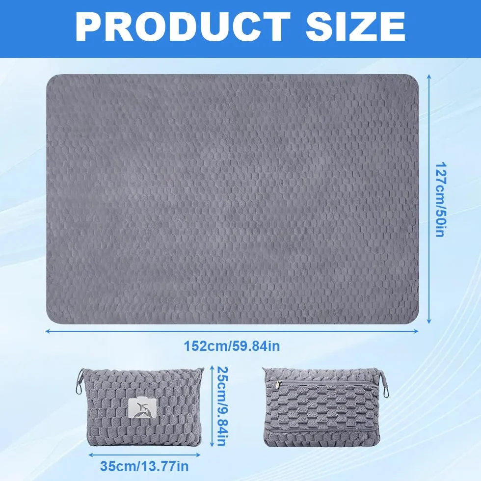 Couverture de Voyage Pliable 2 en 1 avec Oreiller, Douce et Chaude avec Étui, pour Avion Voiture Bureau Gris