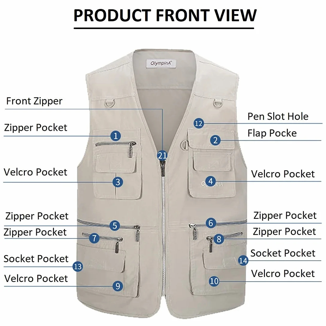 Hwalleum Homme Gilet de Plein air Multifonctionnel Grande Taille Veste sans Manches Été Respirant Séchage Rapide Multi-Poches