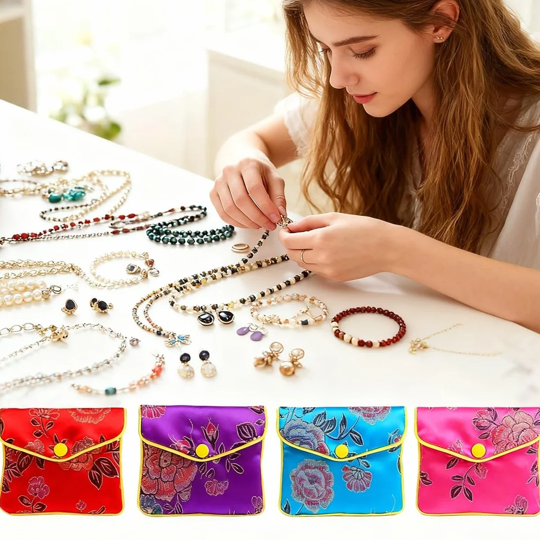 WeddHuis Lot de 8 Pochette Cadeau Bijoux en Soie Brocart Voyage Femmes Petit Sac Tissu Monnaie 8 x 10 cm